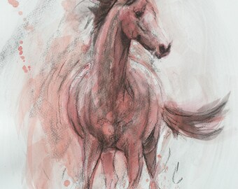 Original horse art equine art energy and movement equine horse mixed media sketch movement art drawing 'Splash I' by H Irvine