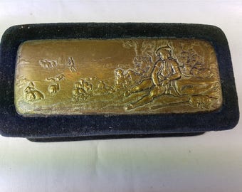 Antique Velvet and Brass Repousse Sheep Herder Jewelry or Trinket Box Early 1900's