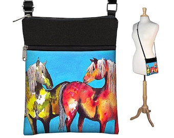 Clara Nilles Sling Bag Shoulder Purse Crossbody Bag Small Travel Purse Zipper - Horses Painted Ponies turquoise red RTS
