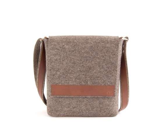 Grey and brown mens small MESSENGER BAG / felt and leather messenger bag / mens satchel / messenger bag for men / mens bag / made in Italy