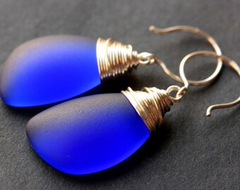 Cobalt Blue Seaglass Earrings. Cobalt Blue Earrings. Cobalt Blue Sea Glass Earrings. Wire Wrapped Wing Earrings. Handmade Jewelry.