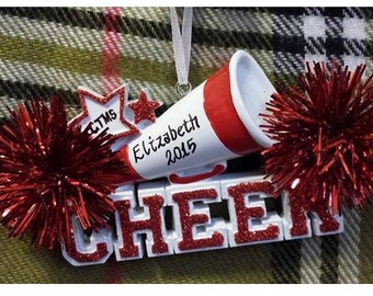 Personalized Christmas Ornament Cheer Megaphone and Red Pom Poms - Gift for Cheerleader - Cheer Birthday - Cheer Ornament - Cheer Team Gifts