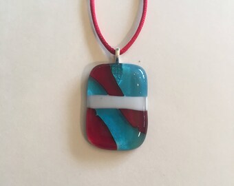 Blue, white and red fused glass necklace