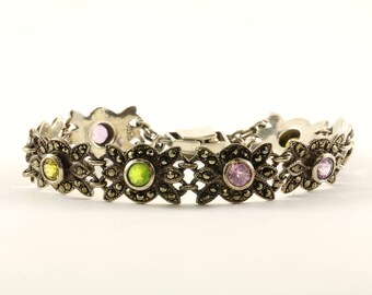 Vintage Beautiful Multi Color Crystals Marcasite Link Bracelet Sterling Silver BR 2084