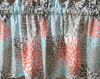 floral blooms valance curtain blossoms coral teal taupe grey cream window topper spring Byram window treatments