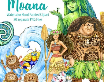 Watercolor Moana Clipart. Maui, Tafiti's Heart, Kakamora, Waves. Digital prints, printable art, kids room decor, hand painted graphic, PNG