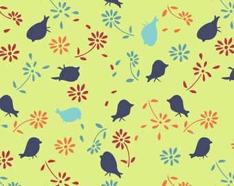 By The HALF Yard - Bridgette Lane by Valori Wells for Free Spirit, #PWVW061-BLUB Blueberry Lime Posies, Tossed Blue Birds & Flowers on Green