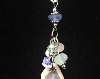 Pottery and Blue Sea Glass pendant. Blue Sea Glass Necklace, Pottery and Sea Glass jewelry,