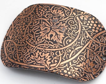 2 hole oval etched copper bracelet component, grapevines and grape leaves, William Morris design curved link, 2 inches x 1 1/4 inches long