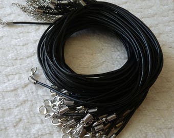 Black Leather Necklace Cord, 2mm Round Genuine Leather Cord, 17.5" Leather Cord Necklace, Finished Cord + Lobster Clasp +2" Extension Chain