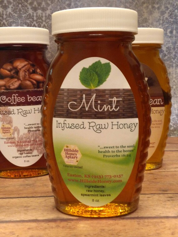 Mint Infused Raw Honey with organic spearmint leaves 8 oz.