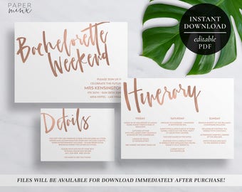 Printable Bachelorette Weekend Invitation | Editable PDF | Hens Weekend | Hens Party | Rose Gold Foil | Weekend Itinerary Invitation | White