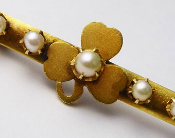Antique Victorian 15ct Yellow Gold & Pearl Shamrock Bar Brooch