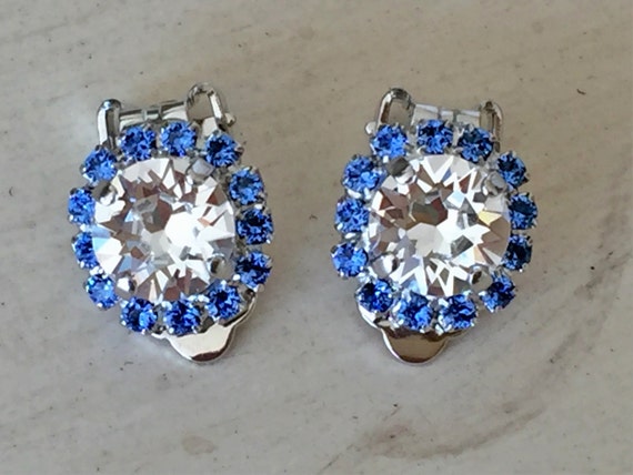 Clear and Sapphire Crystal Halo Clip On Earrings, Silver