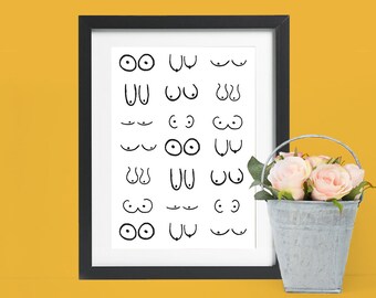 Feminist Art Print, Boob Art, Free the Nipple Art, Minimalist Boobs Print, Hand Drawn Illustration on Tits, Alternative Home Decor Breasts