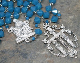 Crystal Rosary of Swarovski Crystals in Pacific Opal, 5 Decade Rosary, Catholic Rosary, Pieta Rosary, Large Size Rosary