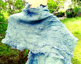 Light Blue Nuno Felted Shawl with Ruffles - Art to Wear