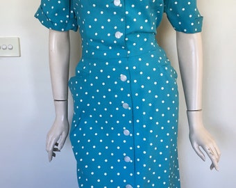 Beautiful Volup 50s Blue Polka Dot Day Dress / Extra Large