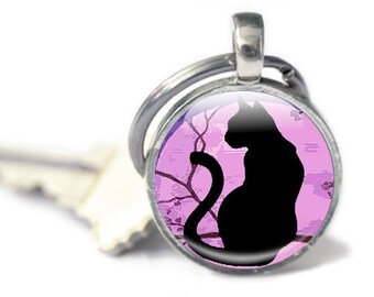 Cat key ring, Cat Glass Keyring, Cat keyring Black Cat key chain, Silver Glass Keyring (CKR2)