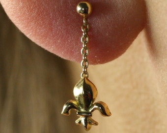 Pendant dangle gold earring gold fleur de lis gold