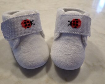 Ladybug - Baby Slippers - Hand Cross Stitch