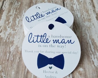 A handsome little man is on the way baby shower tag, It's a boy, Pregnancy Announcement Tag, Bow Tie Baby Shower, Boy Shower (108n)