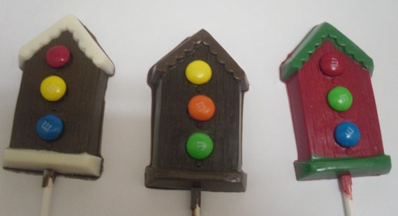 One Dozen Bird House Lollipops with Candy Coated Chocolate Pieces