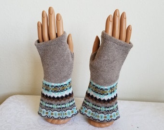 Flared Bottom Fingerless Gloves in Beige and Aqua Merino Wool