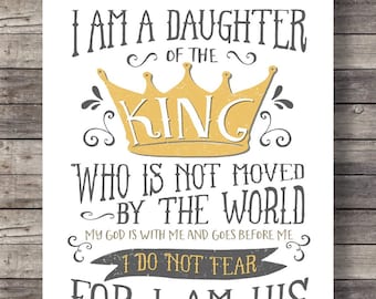 Daughter of the King Bible journaling Printable art I do not fear typography Scripture print wall art Women gift mothers day art print