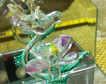 Vintage Glas Figur Vogel auf Blume Spiegel Glas Dekoratives Objekt