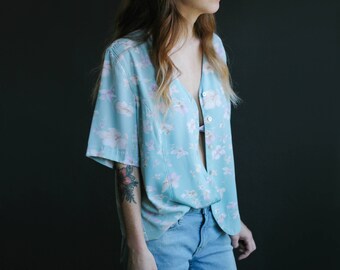 80’s Baby Blue Floral Print Blouse | Button-Down Shirt | Short Sleeve Top | S-M-L