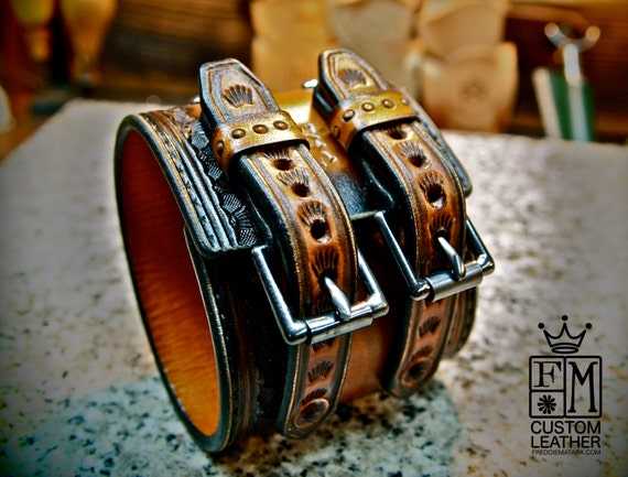 Leather cuff bracelet Classic Old West Brown Vintage style Rock and Roll Stamped and Tooled for YOU in USA by Freddie Matara