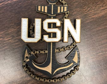 US Navy Chief, Senior Chief, and Master Chief Wood Anchor | Black with Gold or Silver Painted USN and Stars | Navy Retired | Retirement Gift