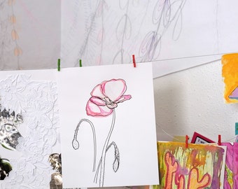 Poppy No.3 Pink Flower with Contour Line Drawing - Watercolor, Gouache &Oil Pastel Mixed Media - 10" x 8"