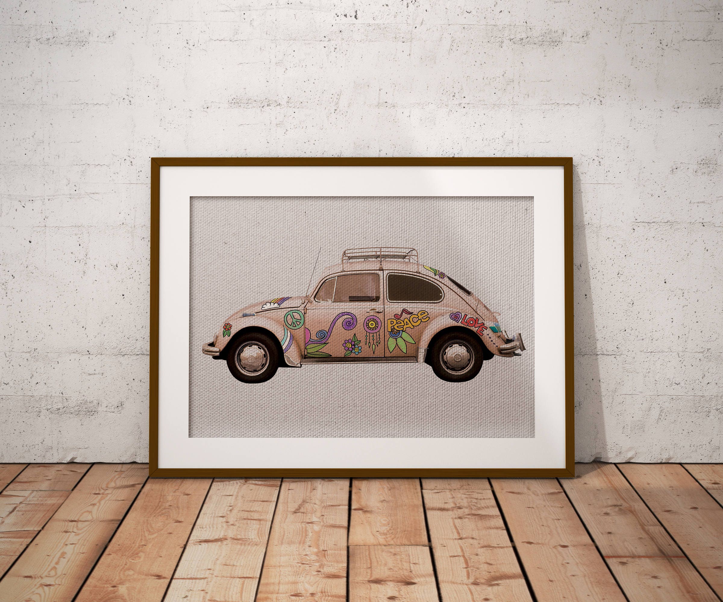 Volkswagen Beetle Doodle Art Photo Collage Hippie Car