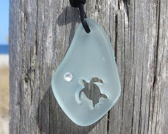 Carved Honu Turtle Sea Glass Necklace Pale Aqua by Wave of Life™