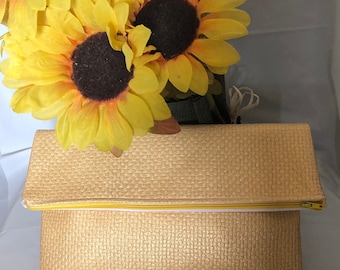 Yellow, gold, vinyl, fold over, clutch