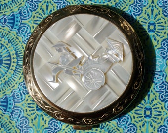 Vintage Mother of Pearl Carved Rickshaw Design Powder Compact 1960s Unused