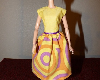 Colorful modest dress in yellow & purple for Fashion Dolls - ed1023