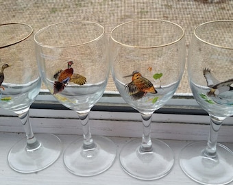 Vintage Rare Ned Smith Hand Painted Wine Glasses, Gold Rims, Beautiful!