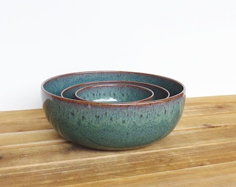 Ceramic Nesting Pottery Bowl Set in Sea Mist Glaze, Rustic Kitchen, Green Blue, Ceramic Bowls, Stoneware Serving Bowls - Set of Three