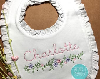 Floral Bib / Flower Bib / Girl Personalized Bib / Ruffle Bib / Girl's Monogram Bib / Baby Shower Gift / Baby Girl Gift / Christening bib