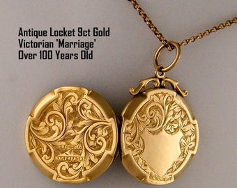 Octagon Antique Locket Necklace, 9ct Gold Locket Pendant, Victorian Locket, Anniversary Wedding Gift for Bride Wife