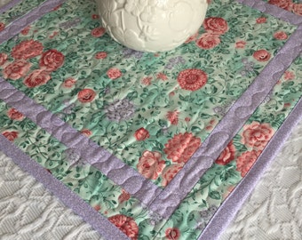 Shabby Chic Floral Table Topper Quilt, Lavender, Green, Spring Table Topper Quilt, Handmade Table Runner Quilt