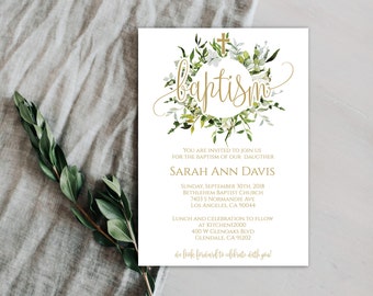 Christening Invitation Instant Download, Greenery Baptism Invitation Template, Watercolor Baptism Invitation, Girl Baptism Invitation, 0077