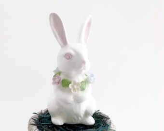 Vintage Easter Rabbit with Flower Wreath - Bone China Easter Rabbit Figurine