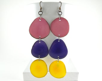 Lilac, Purple Pansy, and Sunshine Yellow Shoulder Duster Trio of Tagua Nut Eco Earrings with Free USA Shipping #taguanut #ecofriendlyjewelry