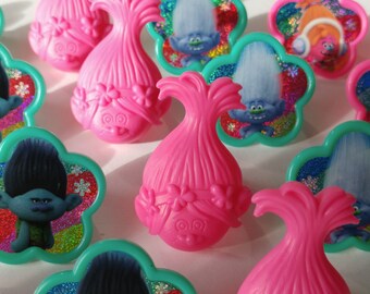 24 TROLLS DreamWorks rings for cupcake toppers cake birthday party favors hair Poppy Branch DJ Suki Guy Diamond Biggie Cooper