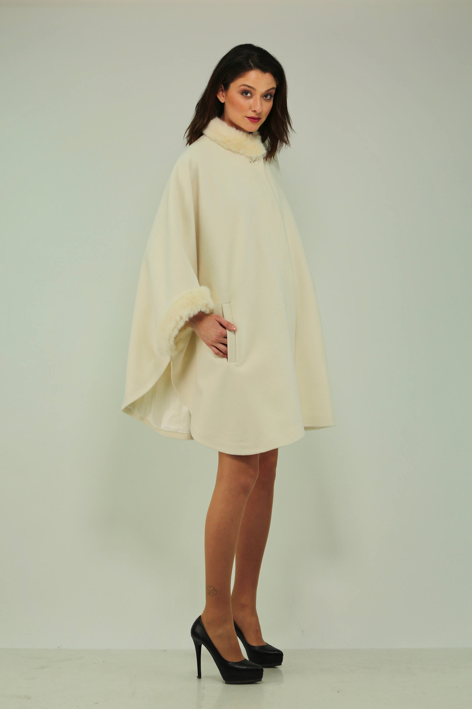 White cape coat / wool cape coat / cashmere cape coat / faux