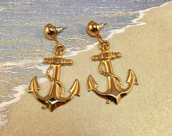 Vintage Gold Anchor Dangle Post Earrings, 2 inches long 1 inch wide, Anchors Away Boating Post Earrings, Previously 20 Dollars ON SALE